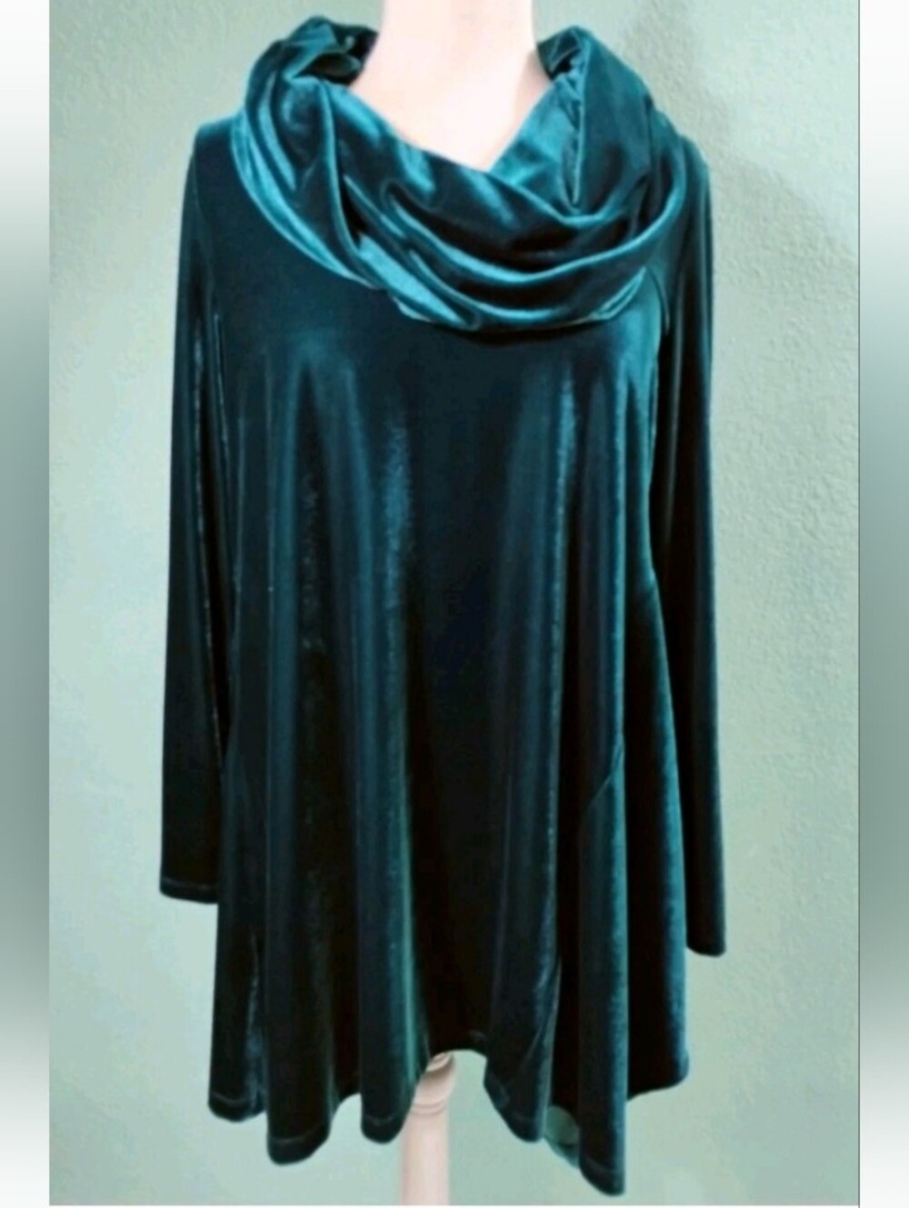 Soft Surroundings Teal Green Velvet Cowl Neck Asymmetric Hem Sz M/L? Tunic Top